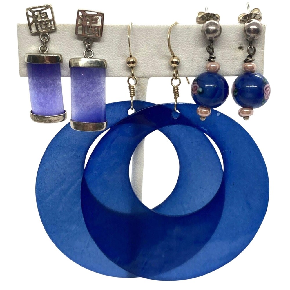 Vintage Lot of 3‎ Pairs Blue Dangle Drop Earrings Sterling 925 Silver 16g Shell